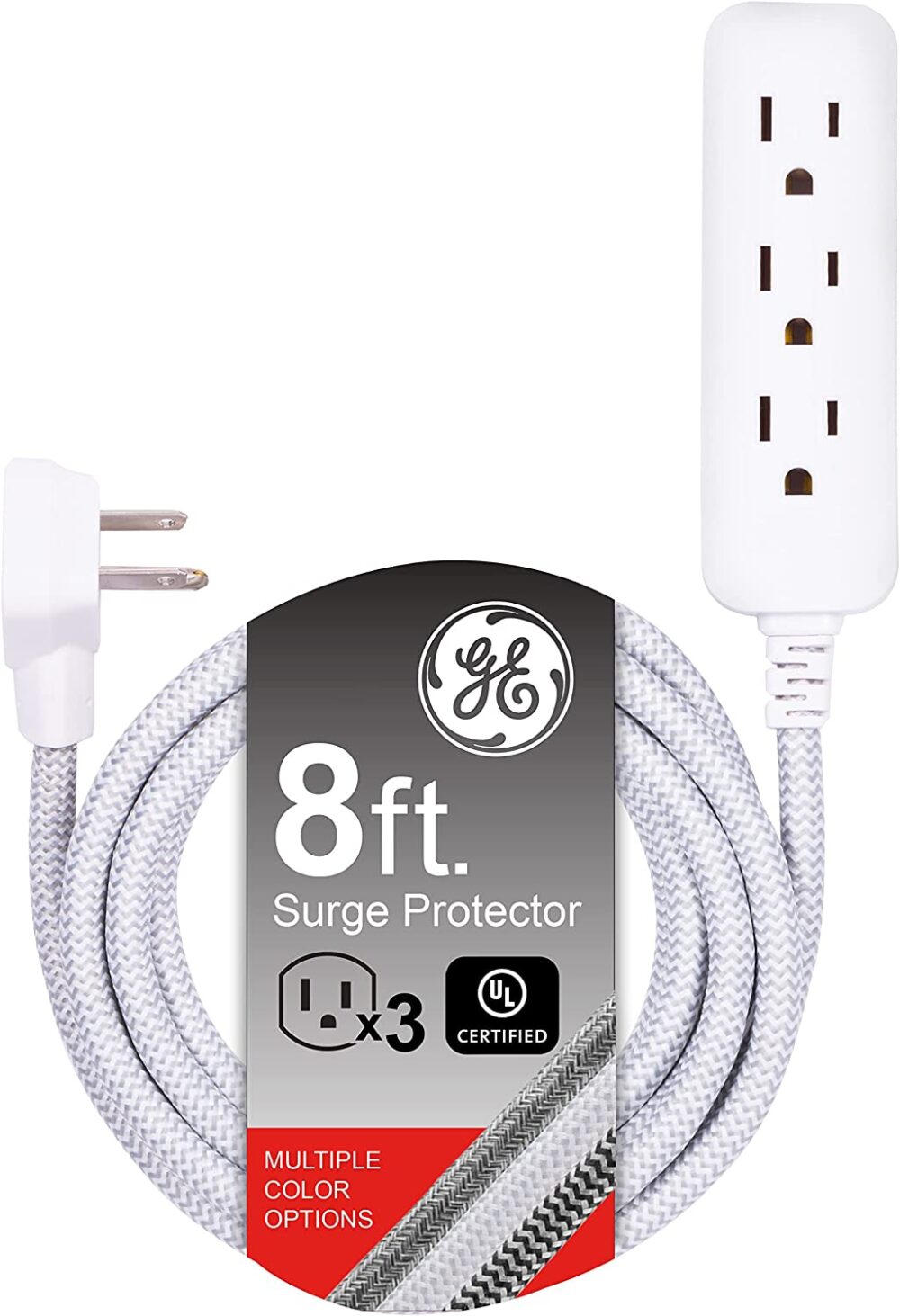 GE Pro 3-Outlet Power Strip with Surge Protection, 8 Ft Designer Braided Extension Cord, Grounded, Flat Plug, 250 Joules, Warranty, UL Listed, Gray-White, 38433-one-buy-club