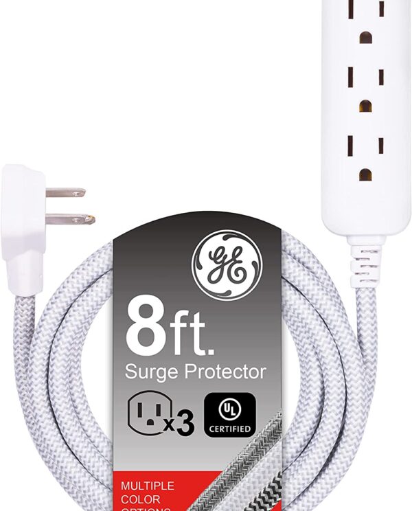 GE Pro 3-Outlet Power Strip with Surge Protection, 8 Ft Designer Braided Extension Cord, Grounded, Flat Plug, 250 Joules, Warranty, UL Listed, Gray-White, 38433-one-buy-club